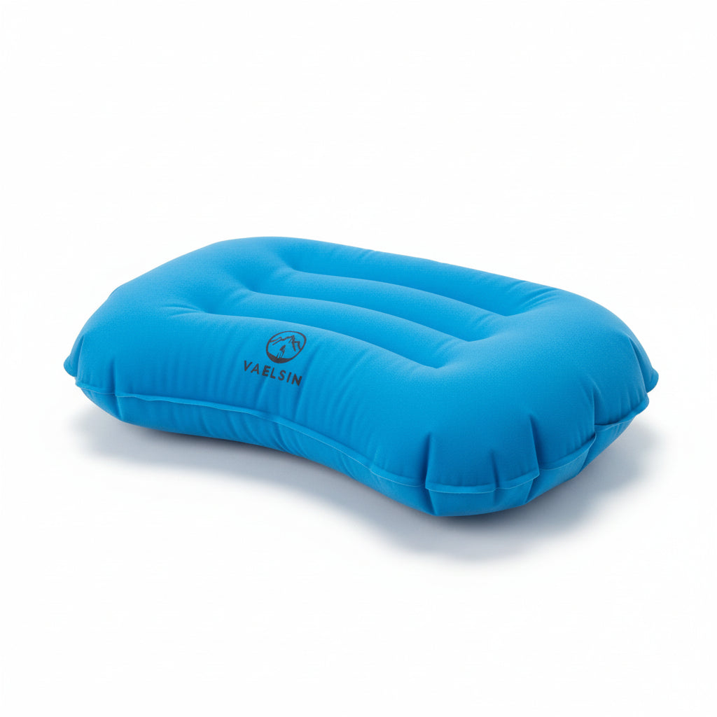 Blue inflatable pillow on a tiled floor