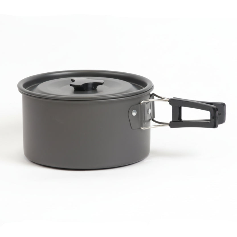 Black camping pot with handle on a white background