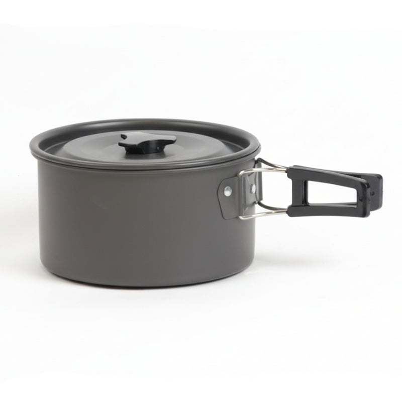 Black camping pot with handle on a white background