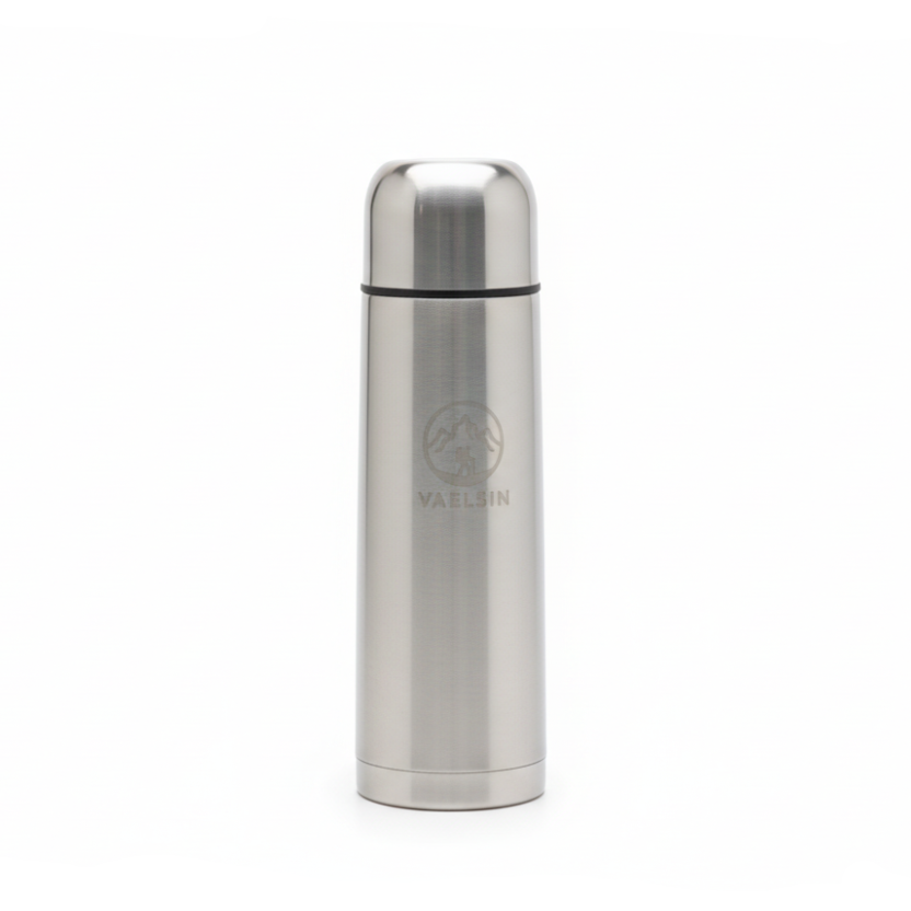Silver thermos bottle on a white background