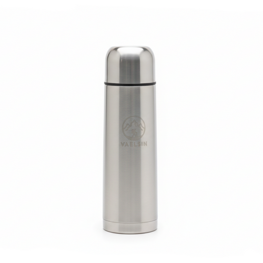 Silver thermos bottle on a white background